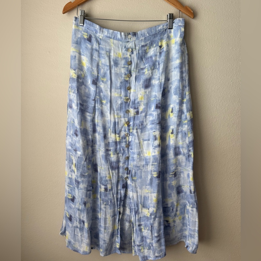 Abstract Blue and Yellow Button-Down Skirt